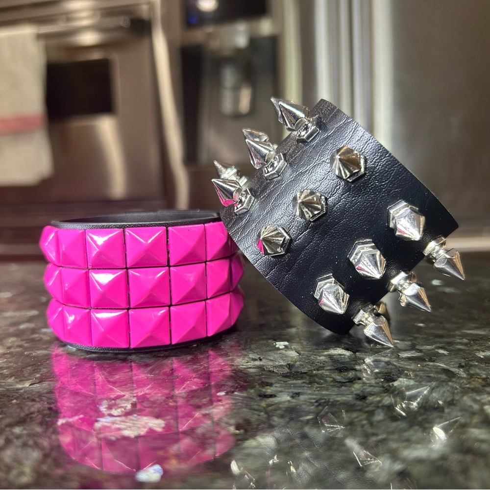 2 PCs Pink and Black faux leather Gothic  studded Spike Punk Bracelets